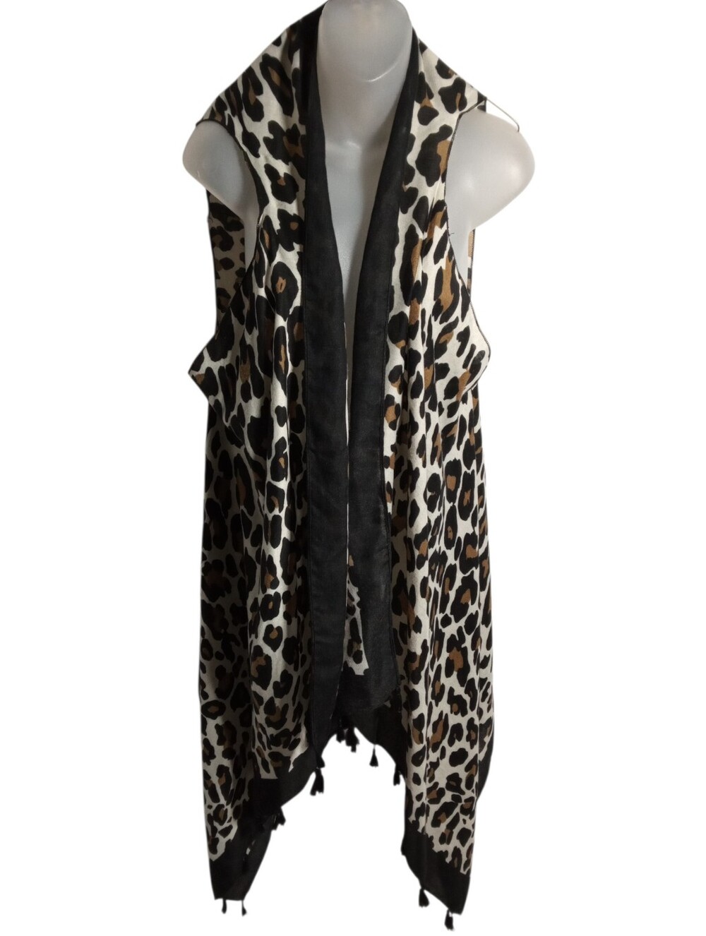 Grace & Emma Leopard Waterfall Duster Cardigan Tassel Hem Sleeveless